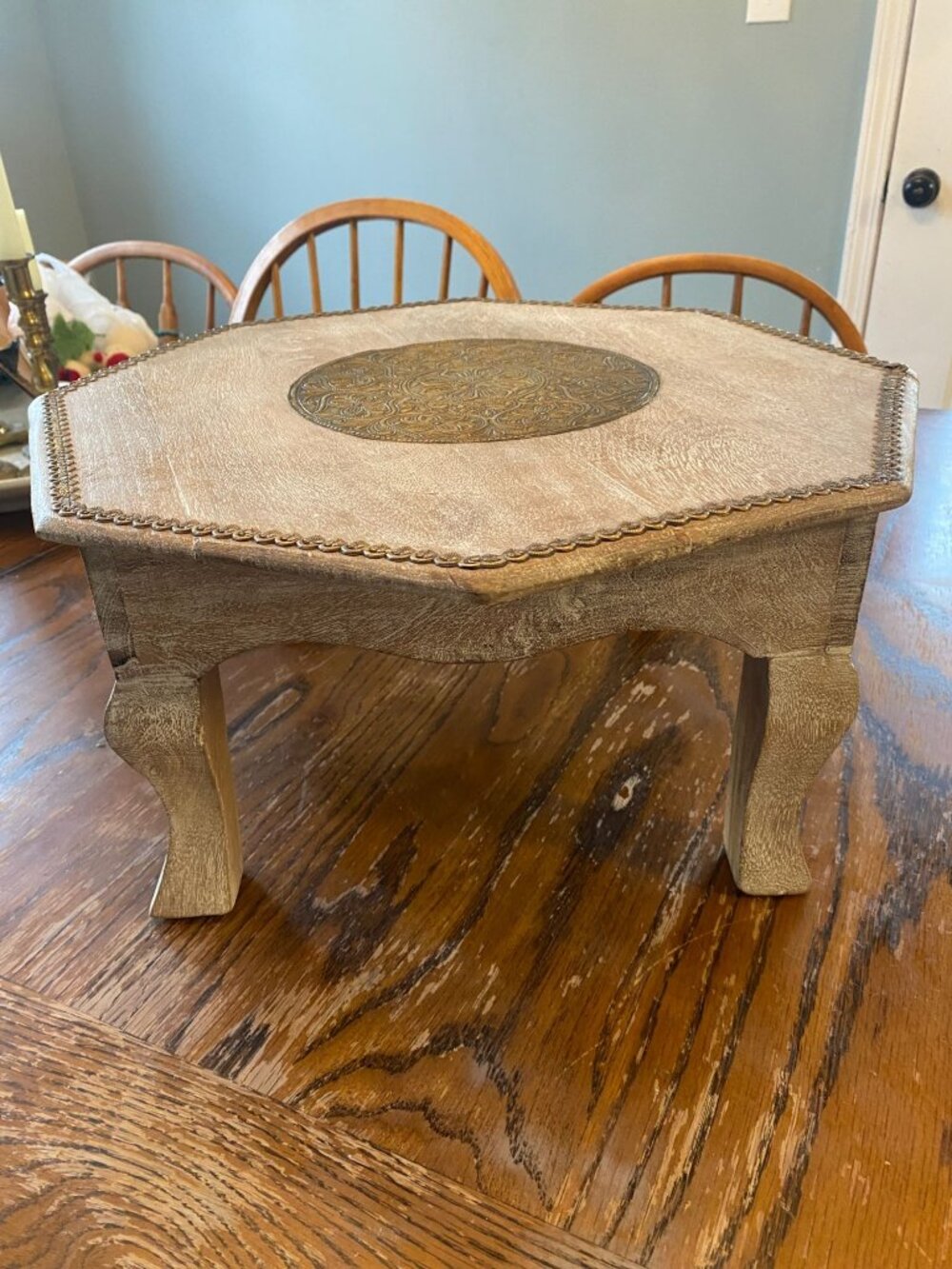 Wooden & Brass Round Chowki Table Pooja Room Decor Bajot T 8" Tall 16" Octagonal